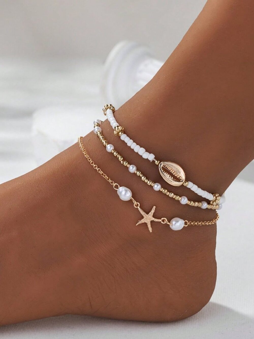Boho Women's Beach Style Metal Starfish & Shell Beaded Anklet Set